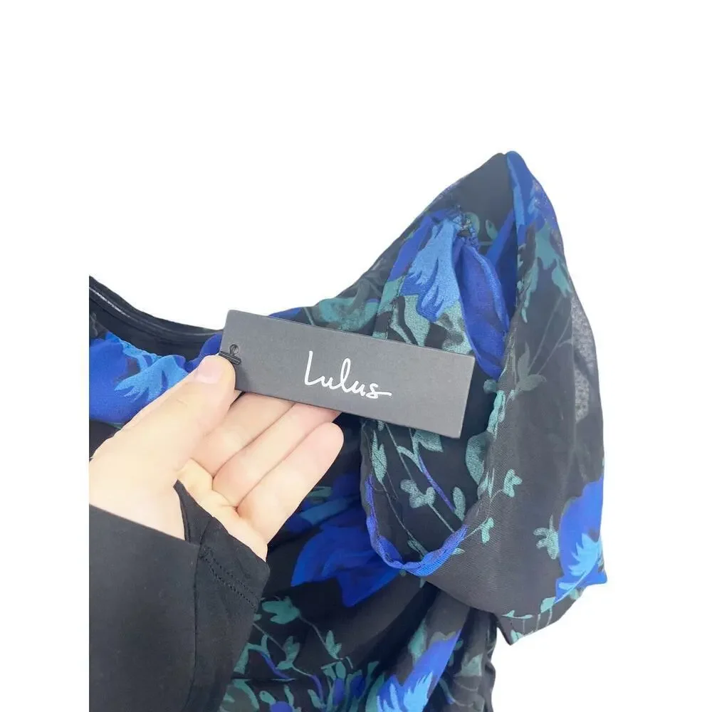 Lulu’s Blithesome Dark Blue Black Floral Ruched Midi Dress Cocktail Womens Small